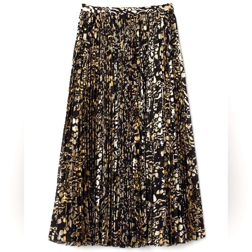 H&M Pleated Skirt in Black with Gold-colored Pattern (size 2) NWT